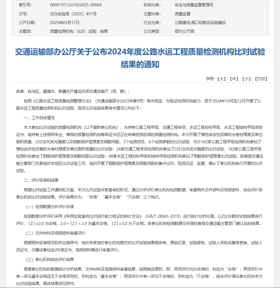 suncitygroup太阳新城顺利通过交通运输部公路2024年度公路水运工程质量检测机构比对试验
